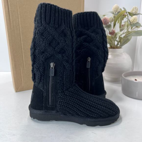 UGG Classic Cardi Cable Knit Boots Foldable Side Zip Black Kids 12 NWB - Picture 6 of 16